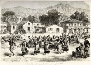 Volksdans op het dorpsplein Haggia Anna (St. Anne). Gravure naar de tekening van Lix, ter illustratie van de reis in Griekenland, door Henri Belle, in 1861-1868-1874, gepubliceerd in 