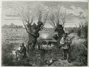 Jacht op haas. Gravure door F. Lix, ter illustratie van het verhaal "Door Elzas en Lotharingen", in 1884, door Charles Grad door Frederic Theodore Lix