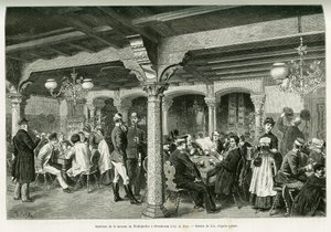 Interieur van de Tiefenkeller taverne in Straatsburg. Gravure door Lix, ter illustratie van het verhaal Door de Elzas en Lotharingen, in 1887, door Charles Grad, Duitse afgevaardigde, in de tour du monde 1888, onder leiding van Edouard Charton (1807-1890),