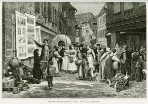 Lamentzanger in de straten van Barr. Gravure door Lix, ter illustratie van het verhaal Door de Elzas en Lotharingen, in 1887, door Charles Grad, Duitse afgevaardigde, in de tour du monde 1888, onder leiding van Edouard Charton (1807-1890), Hachette, Parijs door Frederic Theodore Lix