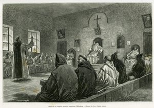 Vergadering van het kapittel onder de Trappisten van Oelenberg. Gravure door Lix ter illustratie van het verhaal Door de Elzas en Lotharingen, door Charles Grad, Duitse afgevaardigde, in 1885, in de tour du monde 1887, onder leiding van Edouard Charton (18 door Frederic Theodore Lix