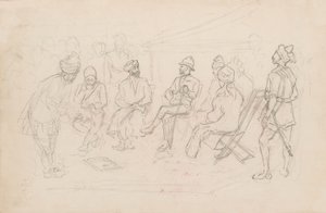 De ontmoeting tussen Cavagnari en de Khan van Lalpura in Dakka in februari 1879 door Frederic Villiers