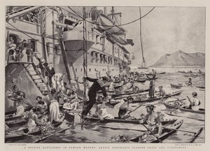 Een Brits slagschip in Samoaanse wateren, inheemse handelaren die fruit en groenten verhandelen door Frederic de Haenen