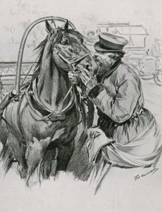 Een Droshky-bestuurder die zijn paard goedemorgen kust door Frederic de Haenen