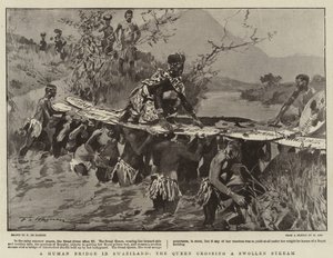 Een Menselijke Brug in Swaziland, de Koningin steekt een Gezwollen Stroom over door Frederic de Haenen
