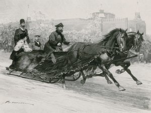 Een slee met blauw zijden net, om te voorkomen dat de sneeuw de inzittenden besproeit, het Kremlin op de achtergrond