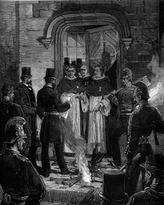 Uitdrijving van Dominicanen uit Rue de Jean de Beauvais in Parijs na de decreten van maart 1880 genomen door Jules Ferry en het verwijderen van het recht om leden van niet-erkende religieuze congregaties les te geven: het voorlezen van de kennisgeving van  door Frederic de Haenen