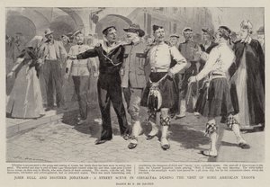 John Bull en broer Jonathan, een straattafereel in Gibraltar tijdens het bezoek van enkele Amerikaanse troepen door Frederic de Haenen