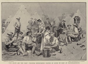 De Dappere en de Schone, Ruiters vermaken Vrienden tijdens de Lunch in Kamp bij Pietermaritzburg door Frederic de Haenen