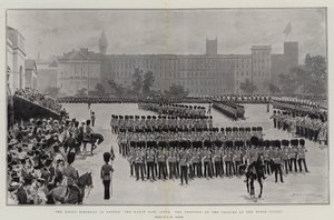 De Verjaardag van de Koning in Londen, de Mars na het Trooping of the Colours bij de Horse Guards door Frederic de Haenen