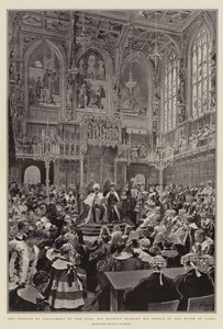 De opening van het parlement door de koning, Zijne Majesteit leest zijn toespraak in het House of Lords