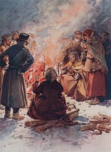 De armen van Moskou warmen zich bij straatvuren in de winter door Frederic de Haenen