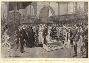 De huwelijksceremonie in de Groote Kerke, uitgevoerd door dominee Van der Vlier, de bruid en bruidegom wisselen ringen uit