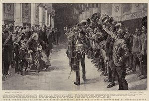 Driewerf Hoera voor de Koningin, Hare Majesteit inspecteert Invalide Koloniale Vrijwilligers in Windsor Castle