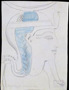 Studie van een Reliëf van het Hoofd van de God Khonsu in de Tempel van Seti I, Abydos, 1874 (potlood en aquarel op papier)