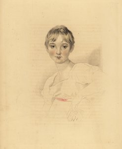 Portret van Lucy Meredith, nicht van Sir Thomas Lawrence. Jong meisje in witte jurk met roze lint. Handgekleurde gravure door Frederick Christian Lewis naar een illustratie van Sir Thomas Lawrence uit P.G. Patmore