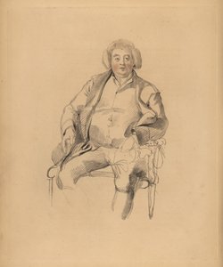 Portret van de vader van Sir Thomas Lawrence, herbergier Thomas Lawrence. Corpulente man met pruik zittend op een stoel. Handgekleurde gravure door Frederick Christian Lewis naar een illustratie van Sir Thomas Lawrence uit P.G. Patmore