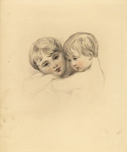 Portret van de Calmeady kinderen in een omhelzing. Handgekleurde gravure door Frederick Christian Lewis naar een illustratie van Sir Thomas Lawrence uit P.G. Patmore