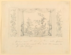 Tekening, The Royal Pavilion, Brighton, Blauwe (Zuidelijke) Tekenkamer, Voorgestelde Wanddecoratie, ca. 1820 door Frederick Crace