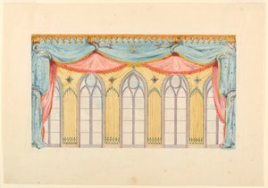 Tekening, raamdecoratie, waarschijnlijk voor de oostelijke muur van de muziekkamer, Royal Pavilion, Brighton, 1820 door Frederick Crace