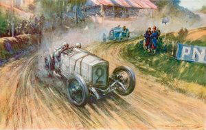 Lautenschlager met de Duitse Mercedes en Boillot met de Franse Peugeot in hun grote strijd tijdens de Grand Prix van 1914