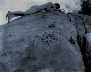 Naakte jonge man op rotsen met schildpad en herdersstaf, ca. 1906