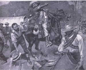 Boerenbehandeling van vredesgezanten: De geseling van Margendaal, uit After Pretoria: The Guerilla War gepubliceerd door Harmsworth Bros Limited, 1901 door Frederick Judd Waugh