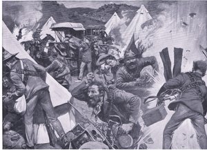 Boeren plunderen het Britse kamp in Nooitgedacht onder artillerievuur, uit After Pretoria: The Guerilla War gepubliceerd door Harmsworth Bros Limited, 1901 door Frederick Judd Waugh