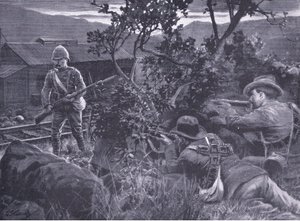 Onwaardige oorlogsvoering: Boeren die een schildwacht beschieten, uit After Pretoria: The Guerilla War gepubliceerd door Harmsworth Bros Limited, 1901 door Frederick Judd Waugh
