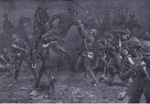 Majoor Boole-Smith pakt De Wet aan, uit After Pretoria: The Guerilla War gepubliceerd door Harmsworth Bros Limited, 1901 door Frederick Judd Waugh