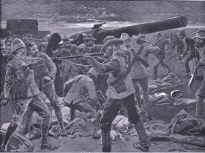 De aanval op Gun Hill: De kanonniers van de marine 47 verrast, uit Na Pretoria: De Guerrillaoorlog gepubliceerd door Harmsworth Bros Limited, 1901 door Frederick Judd Waugh