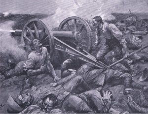 De verdediging van Dewetsdorp: een 15-ponder alleen bedienen, illustratie uit Na Pretoria: De Guerrillaoorlog, 1902 door Frederick Judd Waugh