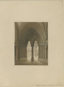 Interieur van de kathedraal van Lichfield - Deur van de kapittelzaal: sepia tekening door Frederick Mackenzie