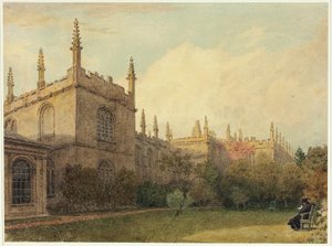 Universiteitsgebouwen vanaf de tuinen van Exeter College door Frederick Mackenzie