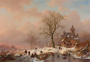 Winterlandschap met figuren die op het ijs spelen, 1868 door Frederick Marianus Kruseman