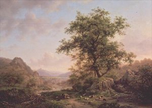 Bosrijk landschap met boeren en dieren op pad