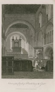 Interieur van de kerk van St. Bartholomew the Great door Frederick Nash