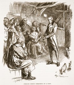 Charles Simeon predikend in een schuur, illustratie uit 