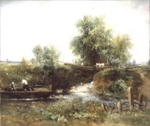 Rivier met Overstekende Paarden en Skiff