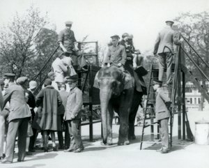 Bezoekers in de rij voor een Olifantenrit terwijl anderen instappen met de hulp van vijf verzorgers, London Zoo, 1927 door Frederick William Bond