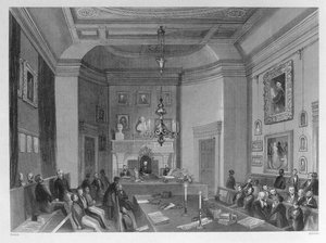 Uitzicht op het interieur van Somerset House, met een bijeenkomst van de Royal Antiquarian Society, ca. 1840