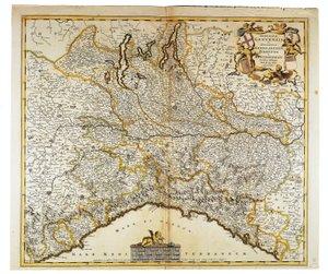 Kaart van de Republiek Genua, Hertogdom Milaan, Parma en Monferrato, door Frederik de Wit, Amsterdam, kopergravure door Frederick de Wit