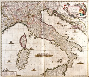 Kaart van Italië, Corsica en Sardinië (ets) door Frederick de Wit