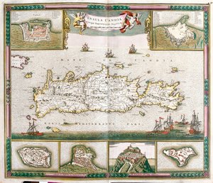 Kaart van het eiland Kreta, met uitzichten op de versterkte steden La Cane en Heraklion en de forten van Spinalonga, Retino, Thine en Souda door Frederick de Wit