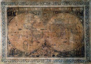 Nova Totius Terrarum Orbis Tabula, dubbele hemisfeer wereldkaart door Frederick de Wit (1629-1630 - 1706), opgedragen aan keizer Joseph I, kopergravure