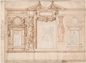 Ontwerp voor een muurschildering met ingeplakte schetsen naar Raphael (verso) door Frederico Zuccaro