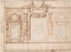 Ontwerp voor een wanddecoratie met ingeplakte schetsen naar Raphael verso, ca. 1580s-90s door Frederico Zuccaro
