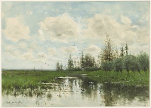Poel met bomen en weiland door Fredericus Jacobus van Rossum du Chattel