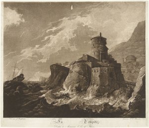 Kasteel op rotskust en schepen in storm op zee door Frederik Christiaan Bierweiler