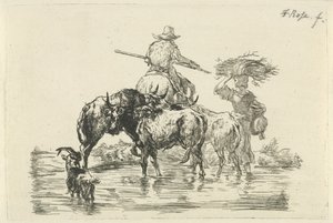 Herder en herderin waden door een beek